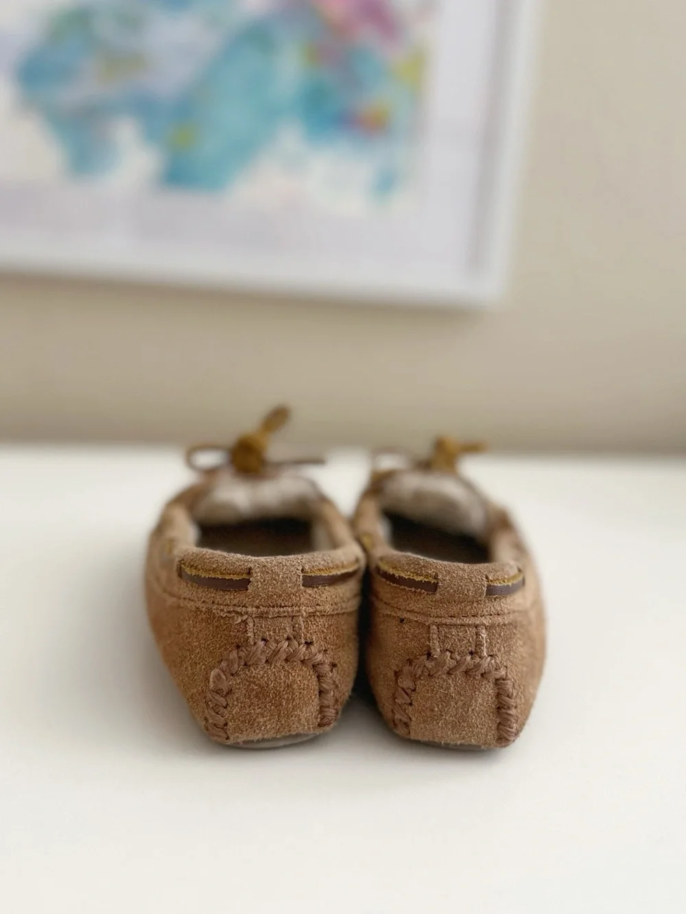 Minnetonka Tan Suede Shearling-Lined Moccasin Slippers